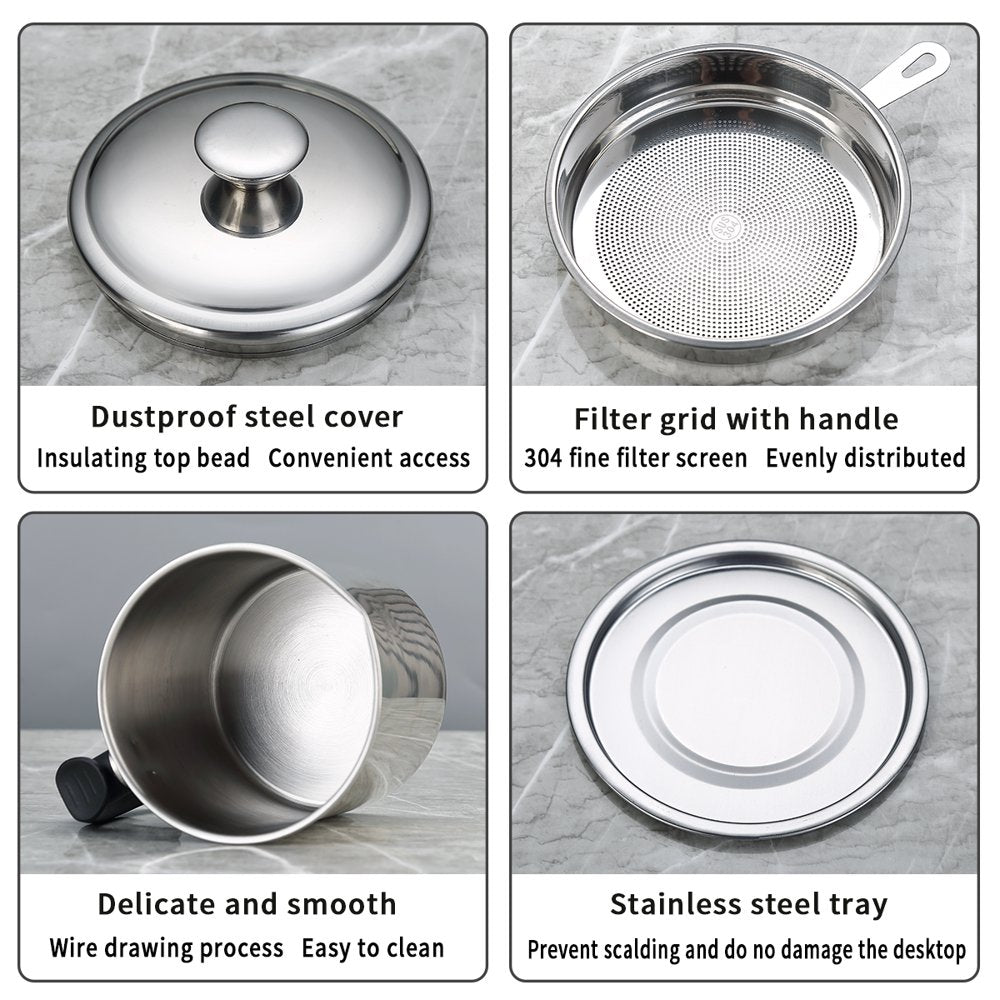 Silver Bacon Grease Container with Fine Strainer and Lid, 48 Oz Stainless Steel Oil Container