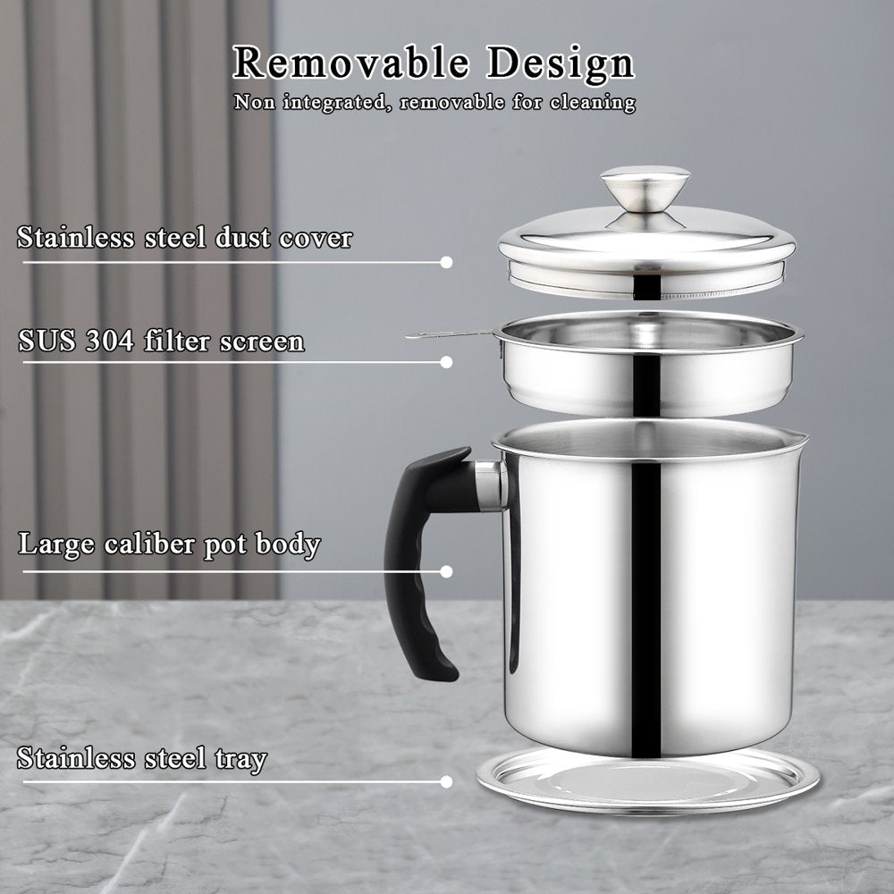 Silver Bacon Grease Container with Fine Strainer and Lid, 48 Oz Stainless Steel Oil Container