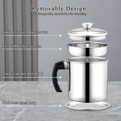 Silver Bacon Grease Container with Fine Strainer and Lid, 48 Oz Stainless Steel Oil Container