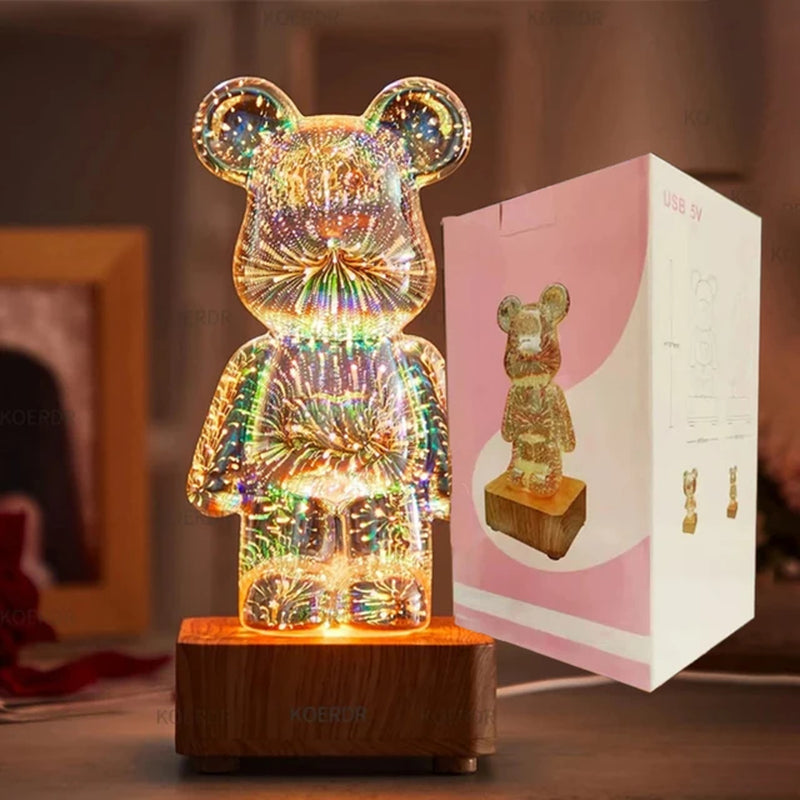 3D Fireworks Bear Night Light Projection Colorful USB Atmosphere Dimming Living Decorative Decor Room 3D Glass Fireworks Bedroom