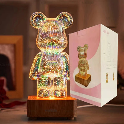 3D Fireworks Bear Night Light Projection Colorful USB Atmosphere Dimming Living Decorative Decor Room 3D Glass Fireworks Bedroom