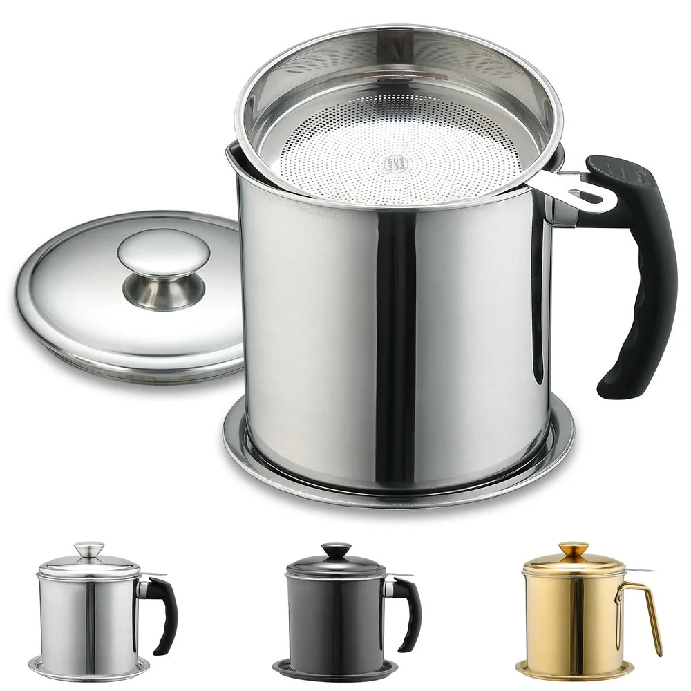 Silver Bacon Grease Container with Fine Strainer and Lid, 48 Oz Stainless Steel Oil Container
