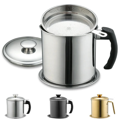 Silver Bacon Grease Container with Fine Strainer and Lid, 48 Oz Stainless Steel Oil Container