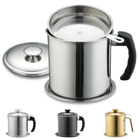Silver Bacon Grease Container with Fine Strainer and Lid, 48 Oz Stainless Steel Oil Container