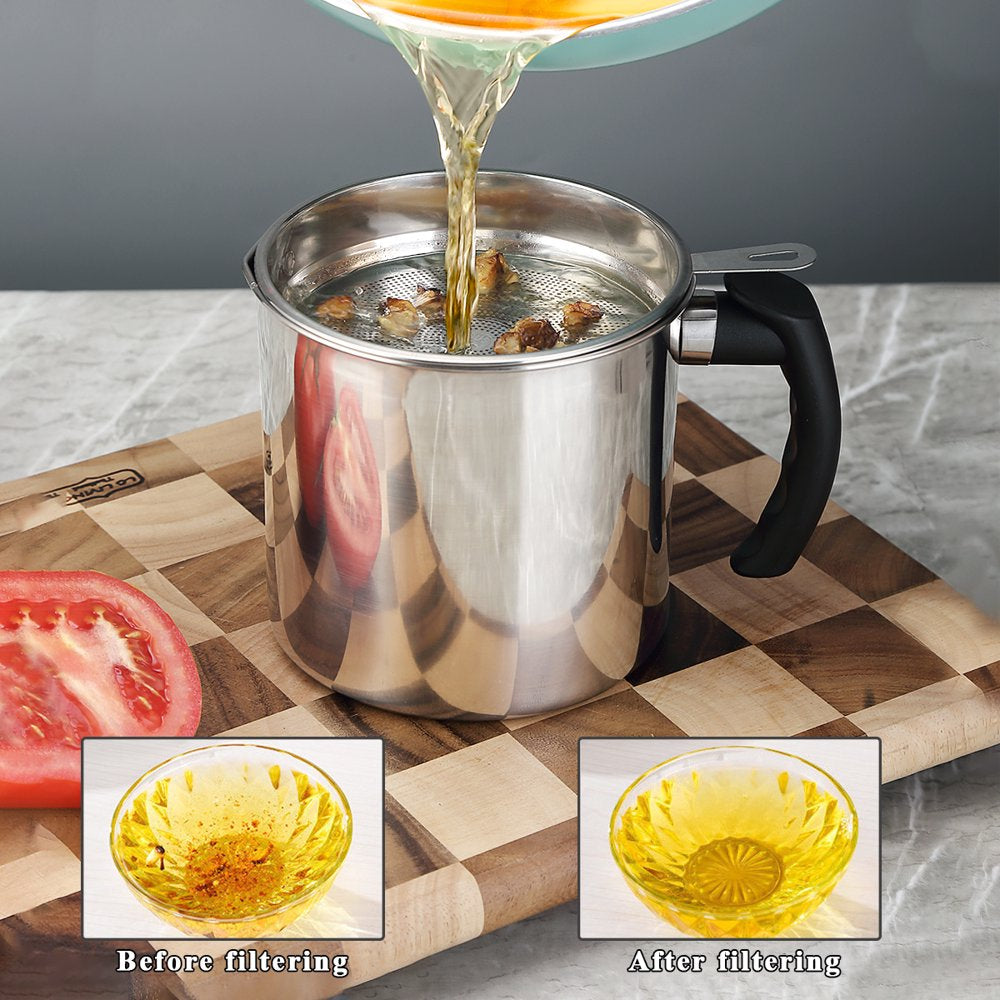 Silver Bacon Grease Container with Fine Strainer and Lid, 48 Oz Stainless Steel Oil Container