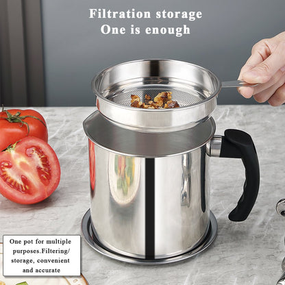 Silver Bacon Grease Container with Fine Strainer and Lid, 48 Oz Stainless Steel Oil Container