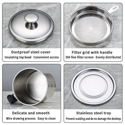 Silver Bacon Grease Container with Fine Strainer and Lid, 48 Oz Stainless Steel Oil Container
