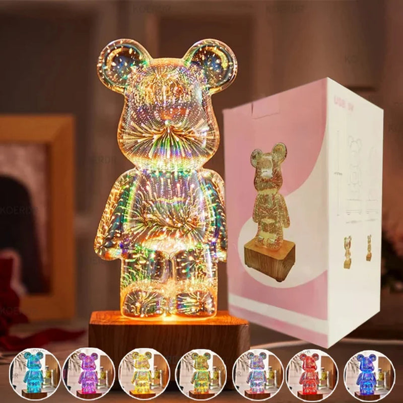 3D Fireworks Bear Night Light Projection Colorful USB Atmosphere Dimming Living Decorative Decor Room 3D Glass Fireworks Bedroom