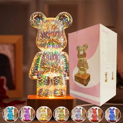 3D Fireworks Bear Night Light Projection Colorful USB Atmosphere Dimming Living Decorative Decor Room 3D Glass Fireworks Bedroom