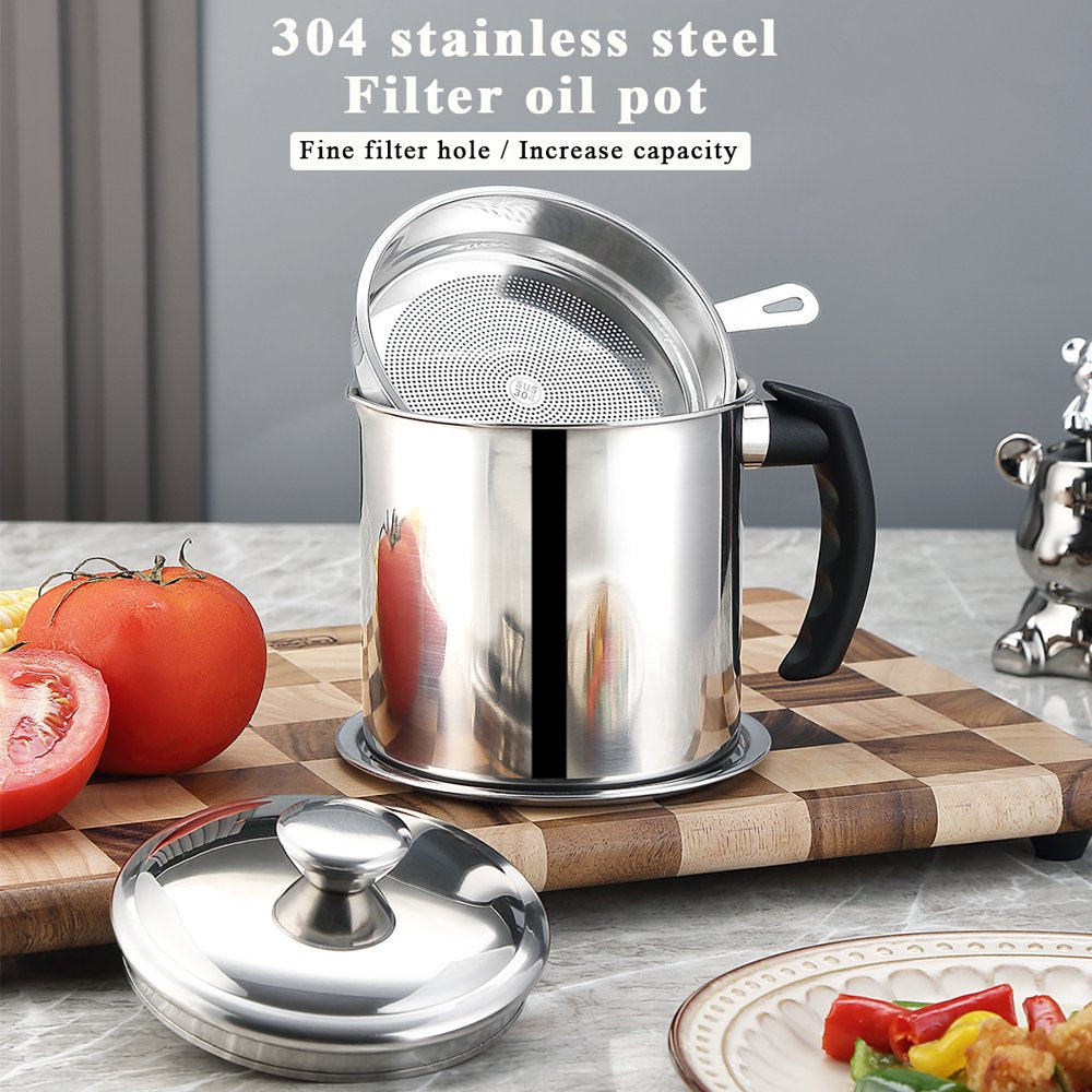 Silver Bacon Grease Container with Fine Strainer and Lid, 48 Oz Stainless Steel Oil Container
