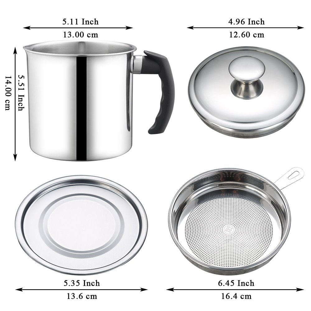 Silver Bacon Grease Container with Fine Strainer and Lid, 48 Oz Stainless Steel Oil Container