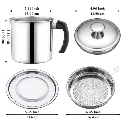 Silver Bacon Grease Container with Fine Strainer and Lid, 48 Oz Stainless Steel Oil Container